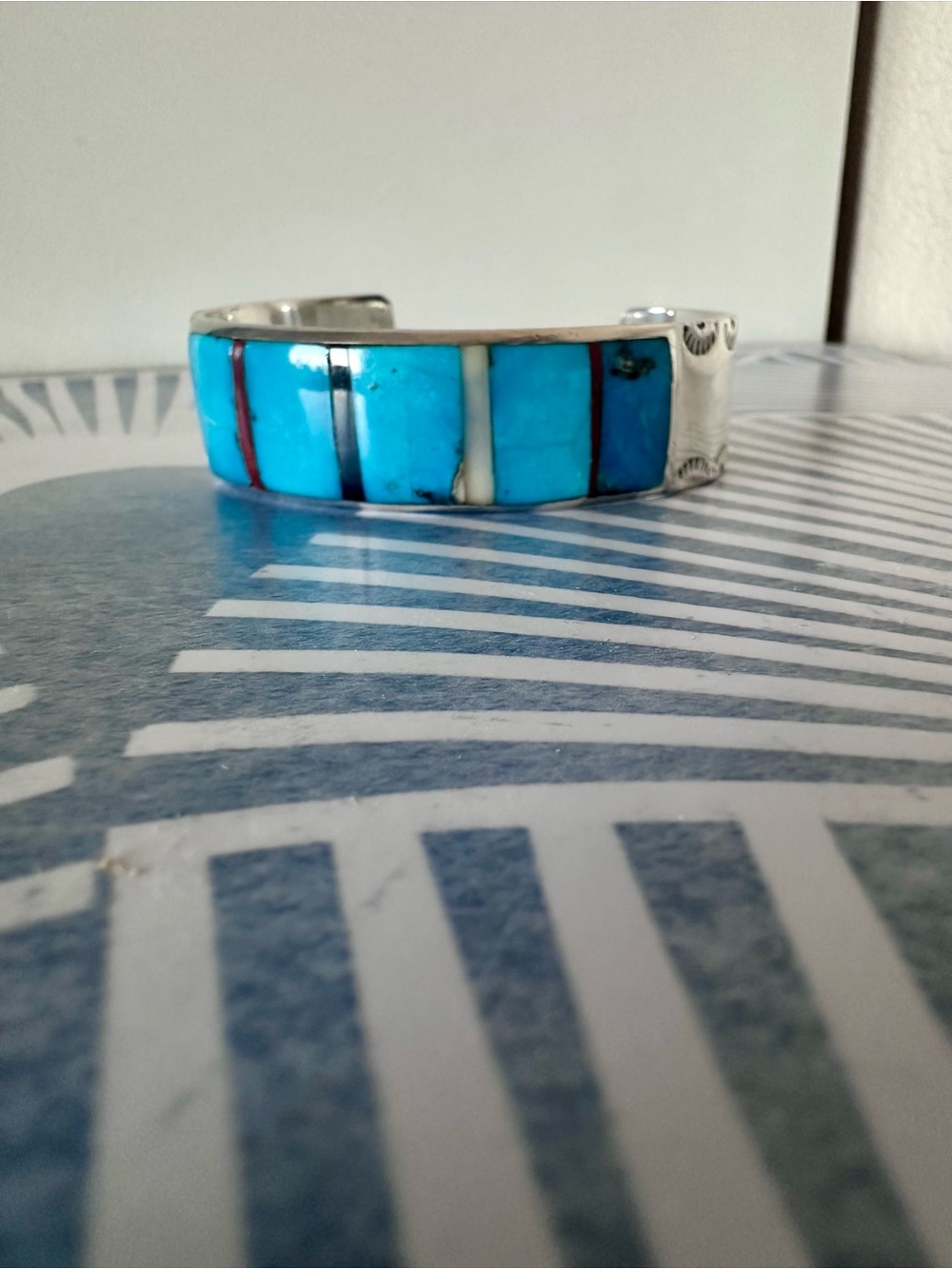 Vintage Native American Sterling Silver Turquoise Inlay Heavy Cuff Bracelet - Picture 11 of 16